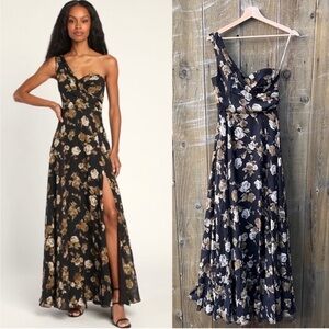 Black and Tan Floral Chiffon One-Shoulder Maxi Dress 🌿